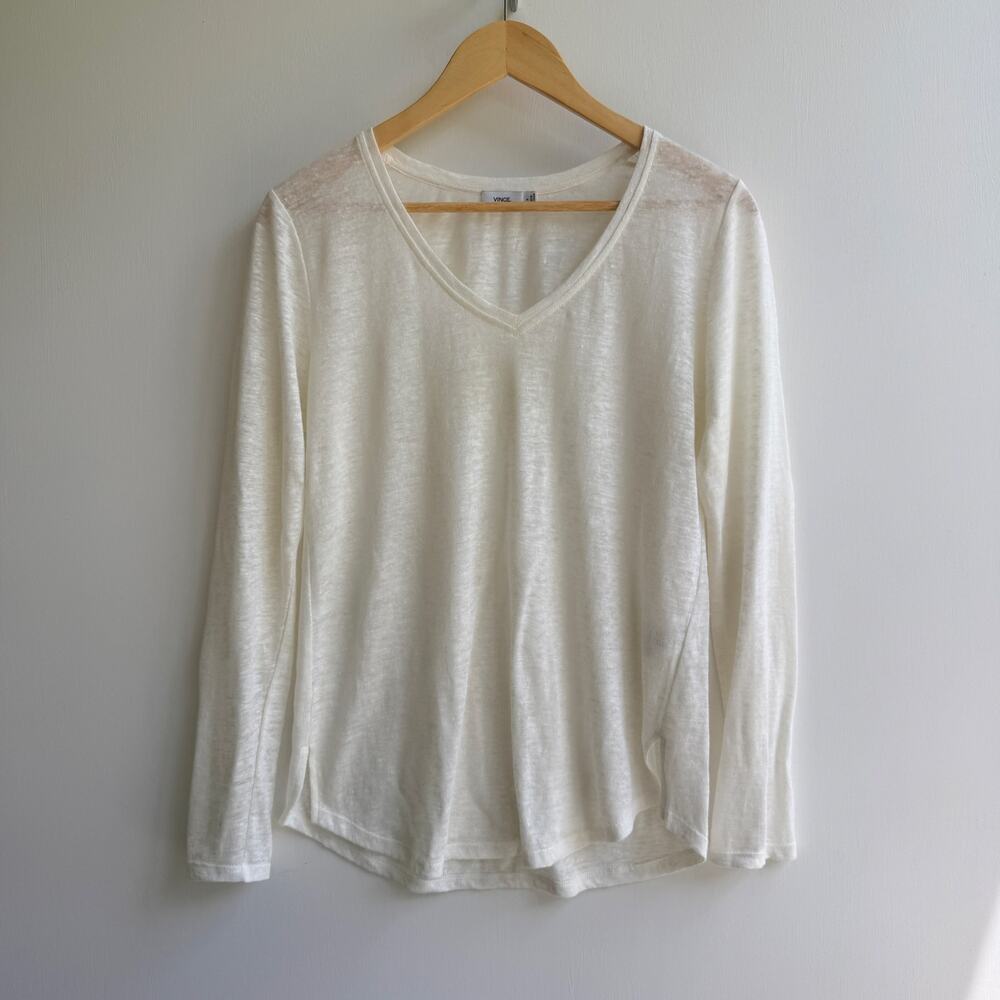 Vince White Linen V-Neck Long Sleeve Tee Shirt Size Small